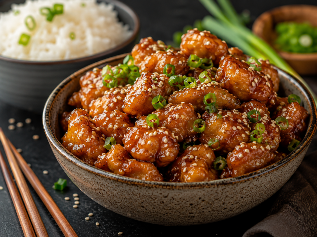 A close-up shot of crispy sesame chicken bites coated in a sticky brown glaze, garnished with toasted sesame seeds and green onions, served over white rice.
