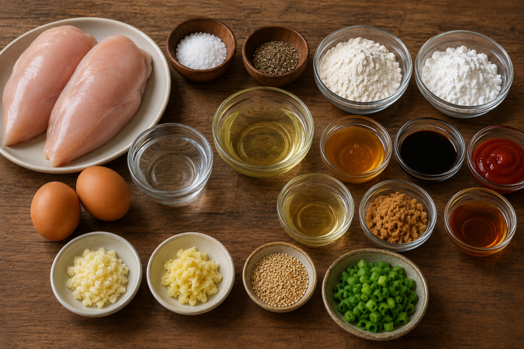 Overhead landscape view of chicken breasts, eggs, flour, cornstarch, seasonings, sauces, honey, garlic, ginger, sesame seeds, green onions, and cooking oil neatly arranged in bowls on a wooden table.