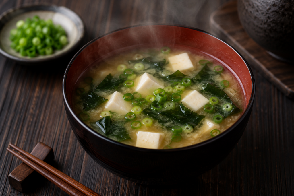 Steaming bowl of authentic Japanese miso soup with silken tofu, wakame seaweed, and fresh scallions in a rich cloudy dashi broth on a dark wooden table