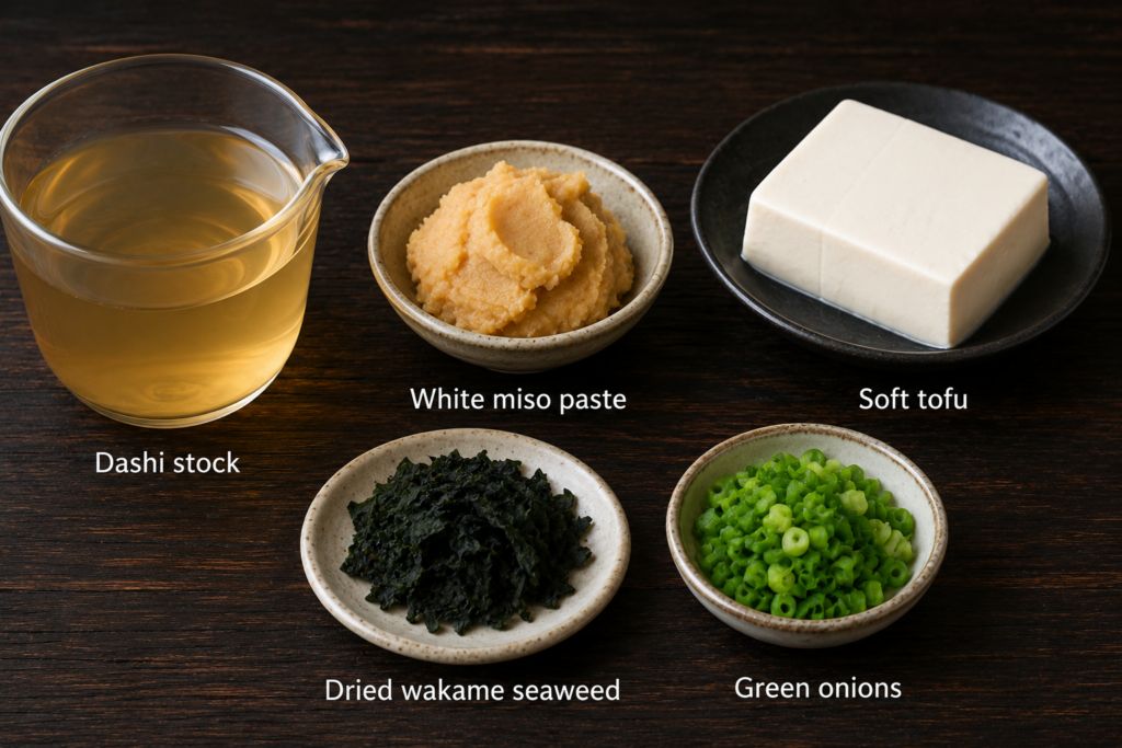 Dashi stock, white miso paste, soft tofu, dried wakame seaweed, and chopped green onions arranged on a dark wooden surface.