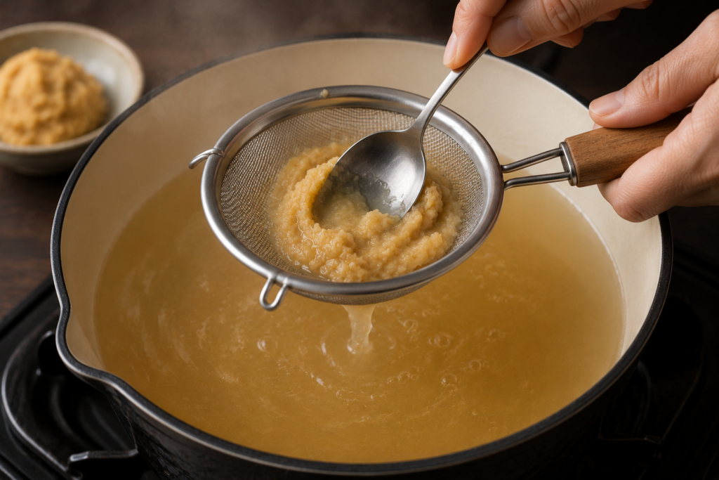 Hand dissolving white miso paste through a fine-mesh strainer into a pot of simmering golden dashi stock.
