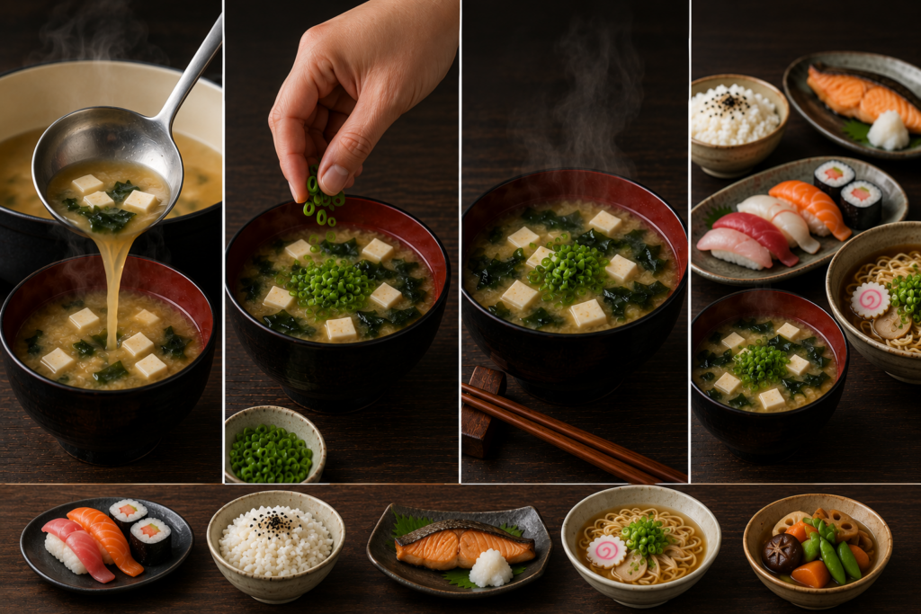 Four-step collage showing hot miso soup being ladled into bowls, garnished with sliced green onions, served steaming hot, and presented alongside sushi, rice, grilled salmon, ramen, and other Japanese dishes.