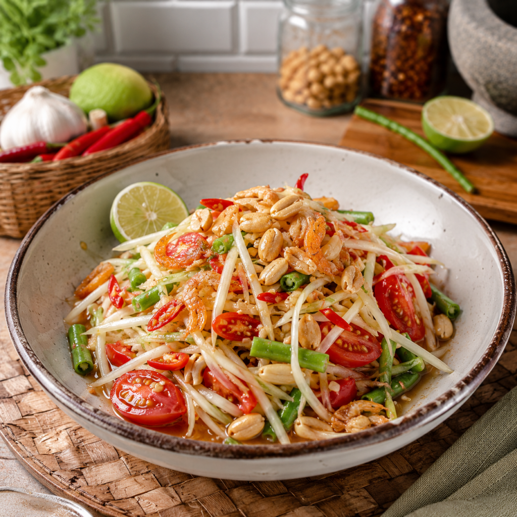 Thai Green Papaya Salad (Som Tum) served in a ceramic bowl on a kitchen counter, featuring shredded green papaya, cherry tomatoes, green beans, roasted peanuts, dried shrimp, and red chilies, with fresh ingredients and a rustic kitchen background.