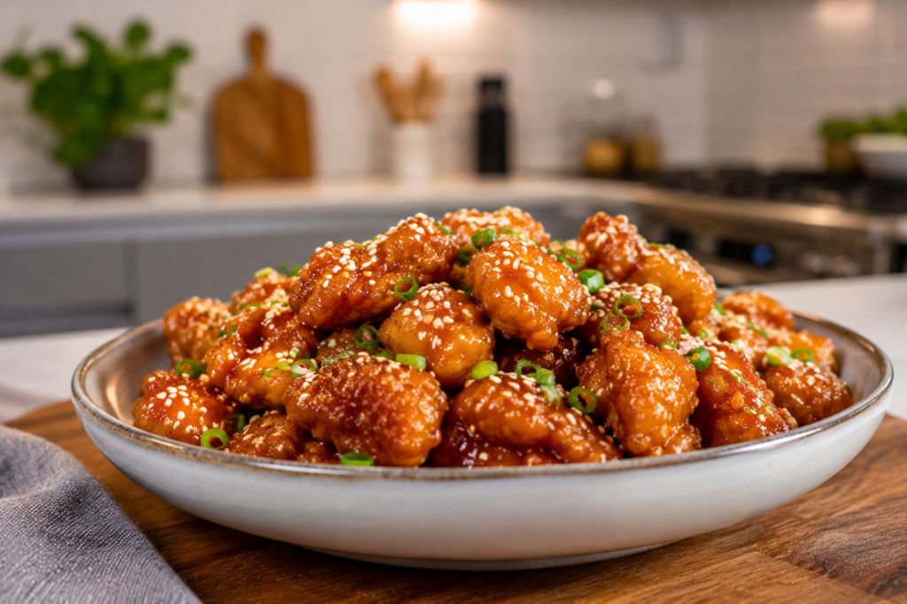 Crispy sesame chicken coated in a glossy sweet-savory glaze, garnished with toasted sesame seeds and sliced green onions, served on a ceramic platter in a bright modern kitchen setting.