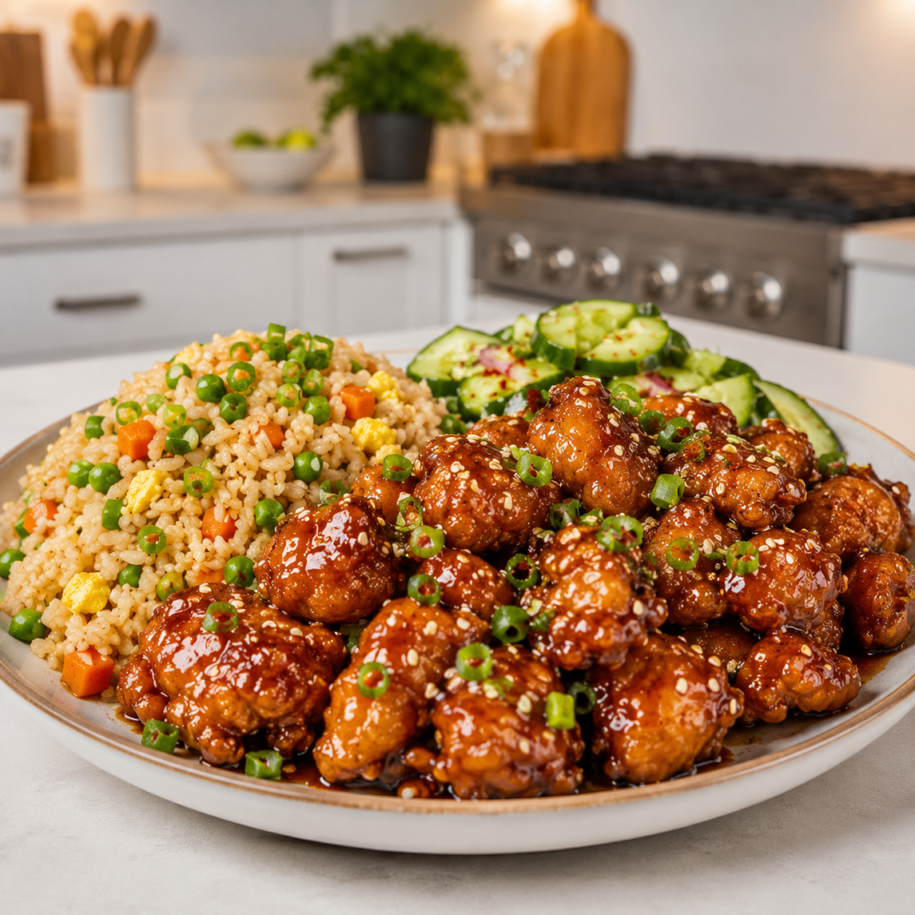 A plate of crispy sesame chicken coated in a glossy sweet-savory glaze, served with vegetable fried rice and a fresh cucumber salad, garnished with sesame seeds and sliced green onions in a modern kitchen