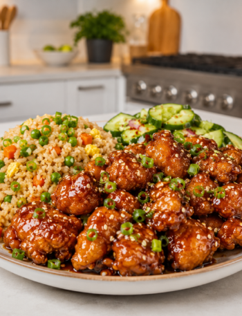 A plate of crispy sesame chicken coated in a glossy sweet-savory glaze, served with vegetable fried rice and a fresh cucumber salad, garnished with sesame seeds and sliced green onions in a modern kitchen