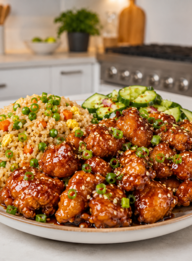 A plate of crispy sesame chicken coated in a glossy sweet-savory glaze, served with vegetable fried rice and a fresh cucumber salad, garnished with sesame seeds and sliced green onions in a modern kitchen