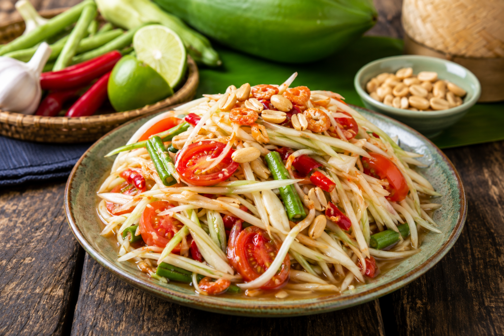 Authentic Thai Green Papaya Salad (Som Tum) served on a ceramic plate with shredded green papaya, cherry tomatoes, green beans, roasted peanuts, dried shrimp, and fresh chilies, surrounded by traditional Thai ingredients on a rustic wooden table.