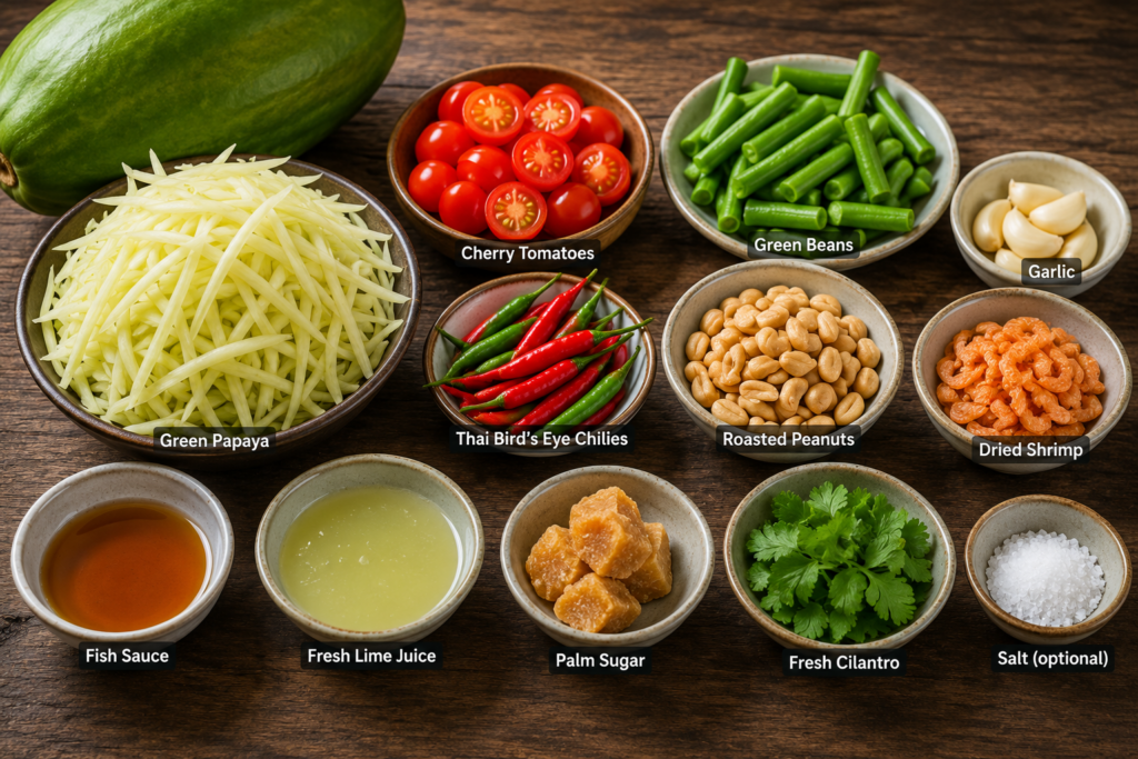 Fresh ingredients for Thai Green Papaya Salad (Som Tum) arranged on a rustic wooden table, including green papaya, cherry tomatoes, green beans, garlic, Thai bird's eye chilies, roasted peanuts, dried shrimp, fish sauce, fresh lime juice, palm sugar, fresh cilantro, and salt.