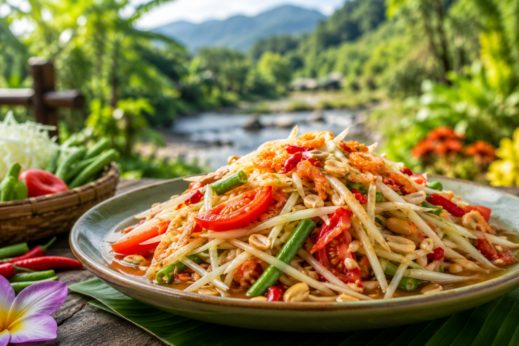 Authentic Thai Green Papaya Salad (Som Tum) served on a rustic plate outdoors, featuring shredded green papaya, cherry tomatoes, green beans, roasted peanuts, and dried shrimp with a lush tropical garden, river, and mountain landscape in the background.