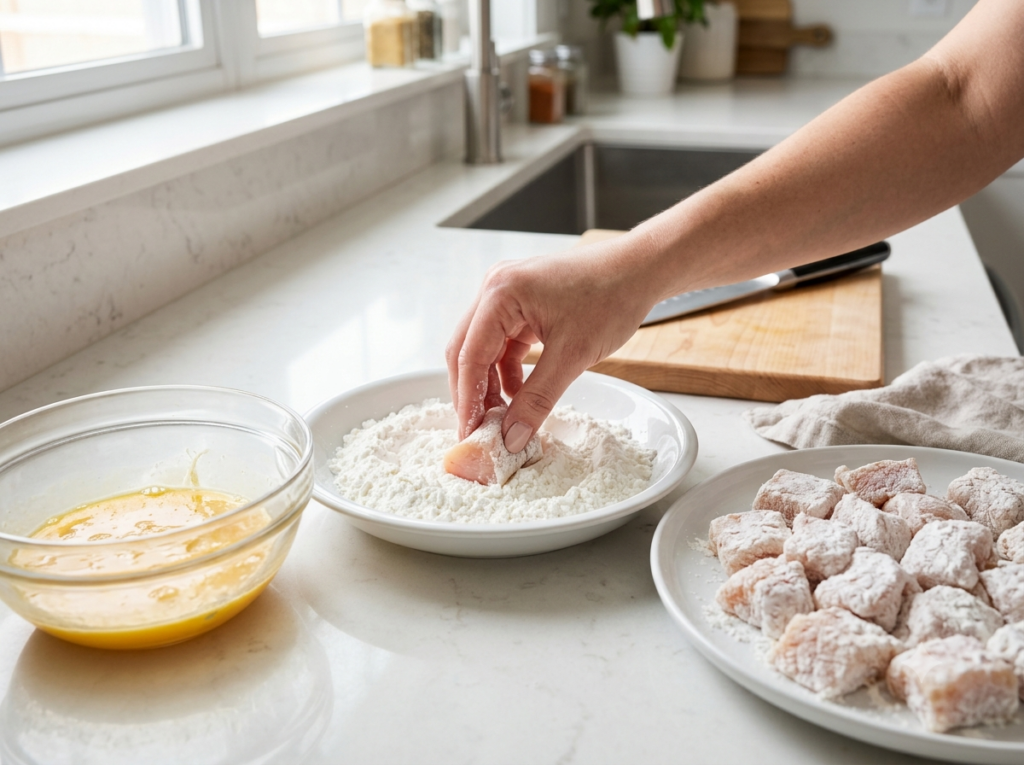 Dredging raw chicken pieces in cornstarch on a shallow white plate to create a crispy takeout style coating