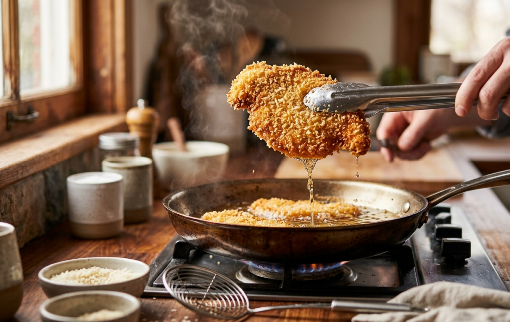 Shaking off excess oil from a golden, crispy panko-crusted chicken cutlet as it is lifted out of a shallow frying pan with kitchen tongs.