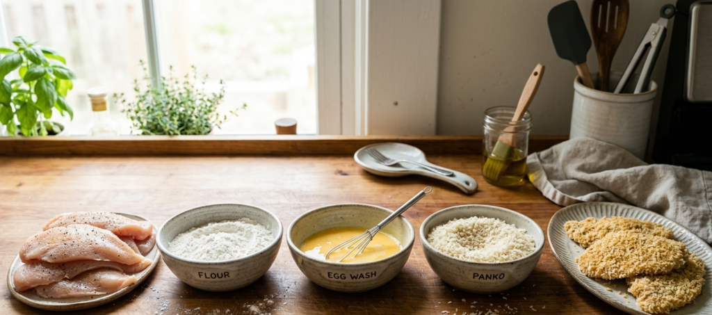 A landscape photograph taken from a slightly low angle, focusing on a clean, light-wood kitchen counter. Positioned in a row from left to right are four speckled, handcrafted-style bowls, each resting on a small, matching saucer. On the far left, the first bowl is filled with raw, skinless chicken breasts seasoned lightly with salt and cracked black pepper. The second bowl holds fine white all-purpose flour. The third bowl contains beaten egg wash with a small wire whisk resting inside. The final bowl on the right is overflowing with coarse, flaky Japanese panko breadcrumbs. The background is a gently blurred window with green plants on the sill and a white-painted wooden frame. The scene is illuminated by soft, natural daylight.