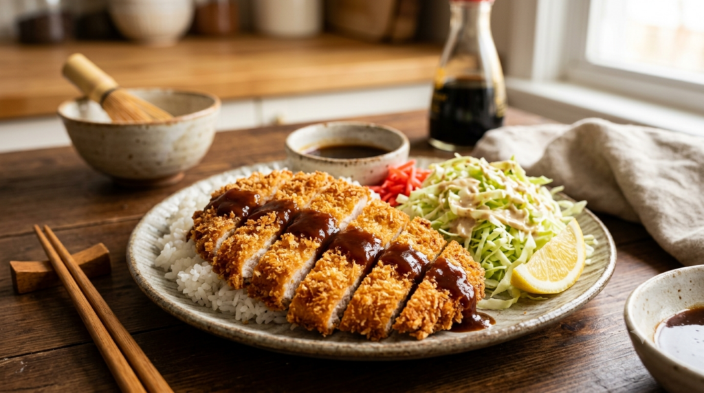 Crispy golden-brown chicken katsu sliced into neat strips on a plate, served with a side of dark, glossy homemade katsu sauce and finely shredded green cabbage.