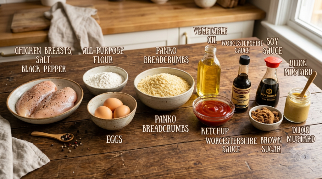 A landscape photograph on a rustic wooden table displaying various raw ingredients for a chicken katsu recipe, each labeled with stylized text. Items include seasoned chicken breasts, bowls of flour, eggs, and panko breadcrumbs, plus bottles of vegetable oil, Worcestershire sauce, soy sauce, and jars of ketchup, brown sugar, and Dijon mustard