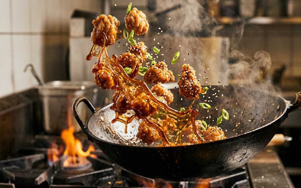 fryed sesame chicken coated with sauce
