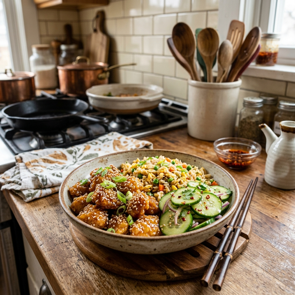 bowl filled with crispy sesame chicken, a side of vegetable fried rice, and a refreshing sliced cucumber salad. The bowl sits on a rustic wooden countertop in a warm, cozy kitchen background with cooking utensils, pots, and a stove softly blurred.