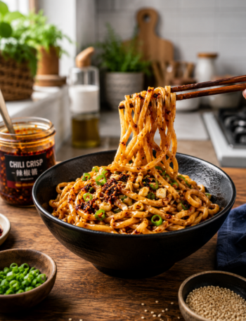 chili crisp noodles served in a black ceramic bowl