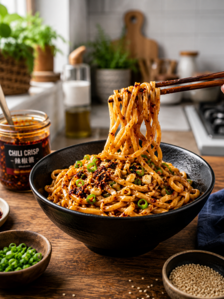 chili crisp noodles served in a black ceramic bowl