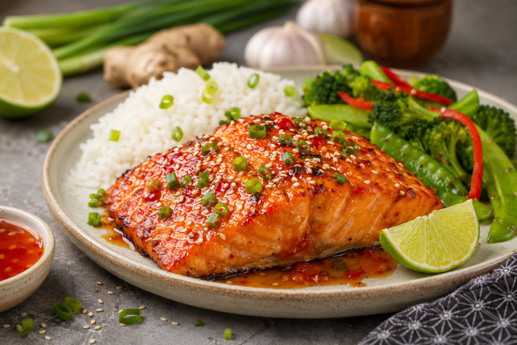 A close-up shot of a baked Thai sweet chili salmon fillet served over a bed of white jasmine rice, garnished with green onions and toasted sesame seeds