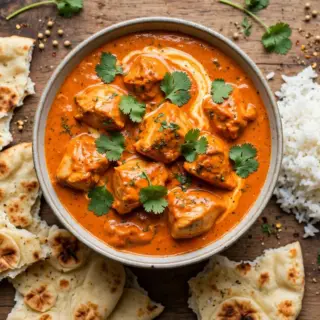 Butter chicken in a creamy tomato sauce with coriander, served with naan and steamed rice.