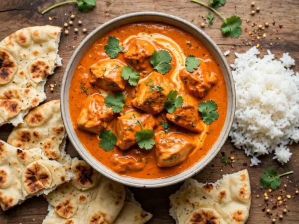 Butter chicken in a creamy tomato sauce with coriander, served with naan and steamed rice.