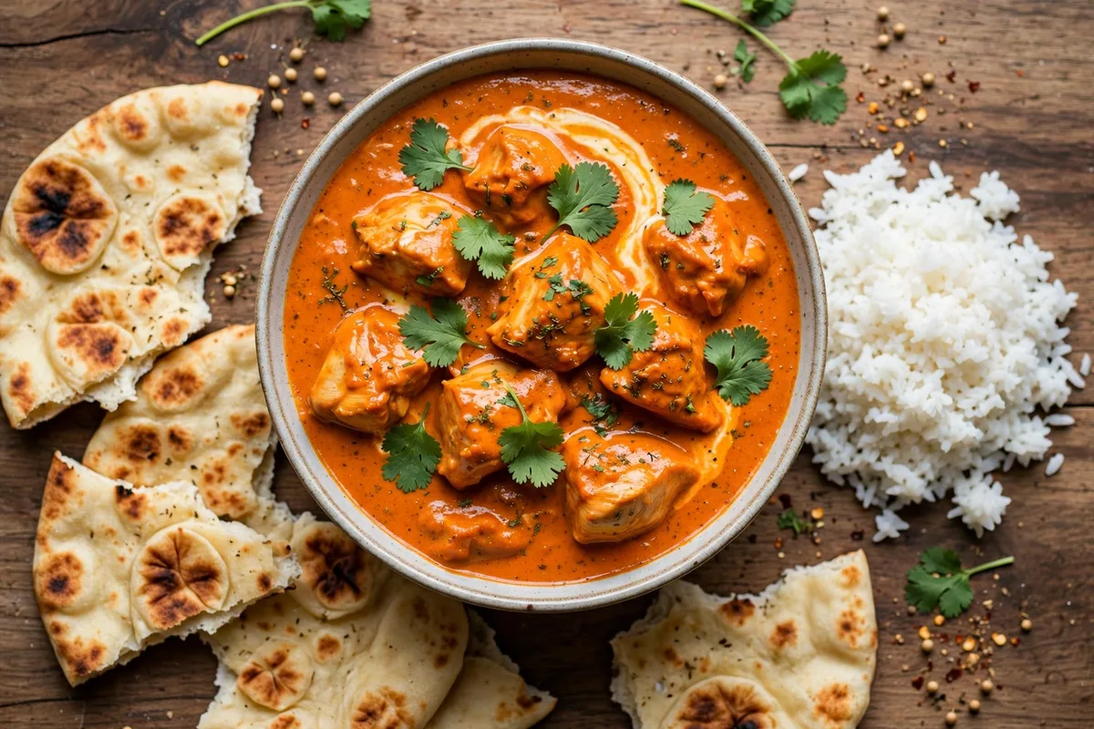 Butter chicken in a creamy tomato sauce with coriander, served with naan and steamed rice.