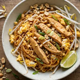 A bowl of chicken pad Thai with thin rice noodles, sliced chicken, egg, bean sprouts, chopped peanuts, scallions, and a lime wedge.