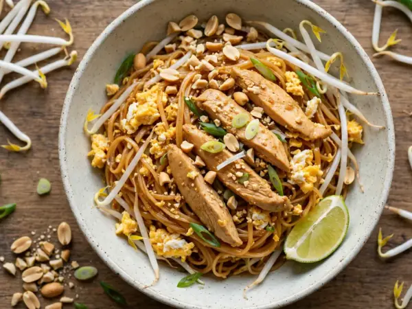 A bowl of chicken pad Thai with thin rice noodles, sliced chicken, egg, bean sprouts, chopped peanuts, scallions, and a lime wedge.
