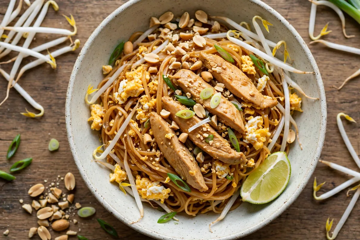 A bowl of chicken pad Thai with thin rice noodles, sliced chicken, egg, bean sprouts, chopped peanuts, scallions, and a lime wedge.