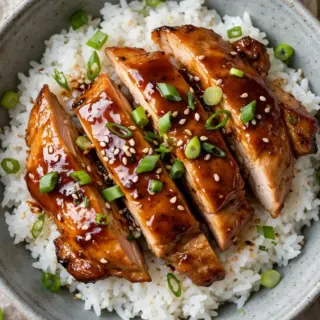 Chicken teriyaki rice bowl with glossy glazed chicken slices, scallions and sesame seeds over steamed rice.