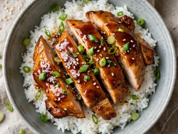 Chicken teriyaki rice bowl with glossy glazed chicken slices, scallions and sesame seeds over steamed rice.