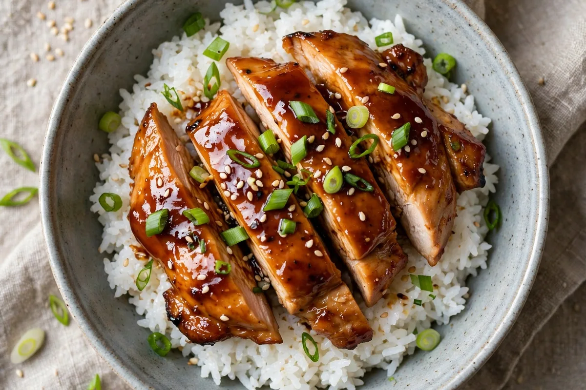 Chicken teriyaki rice bowl with glossy glazed chicken slices, scallions and sesame seeds over steamed rice.