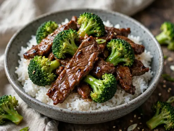 Chinese beef and broccoli stir-fry served over steamed rice in a bowl, with glossy sauce, tender beef strips, and bright green broccoli florets.