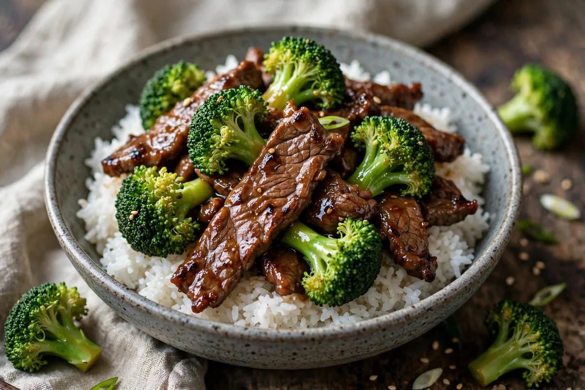 Chinese beef and broccoli stir-fry served over steamed rice in a bowl, with glossy sauce, tender beef strips, and bright green broccoli florets.