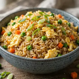 A bowl of Chinese egg fried rice with soft scrambled egg, peas, carrots, and sliced scallions, served in a ceramic bowl.