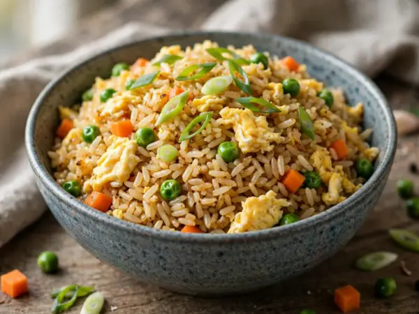 A bowl of Chinese egg fried rice with soft scrambled egg, peas, carrots, and sliced scallions, served in a ceramic bowl.