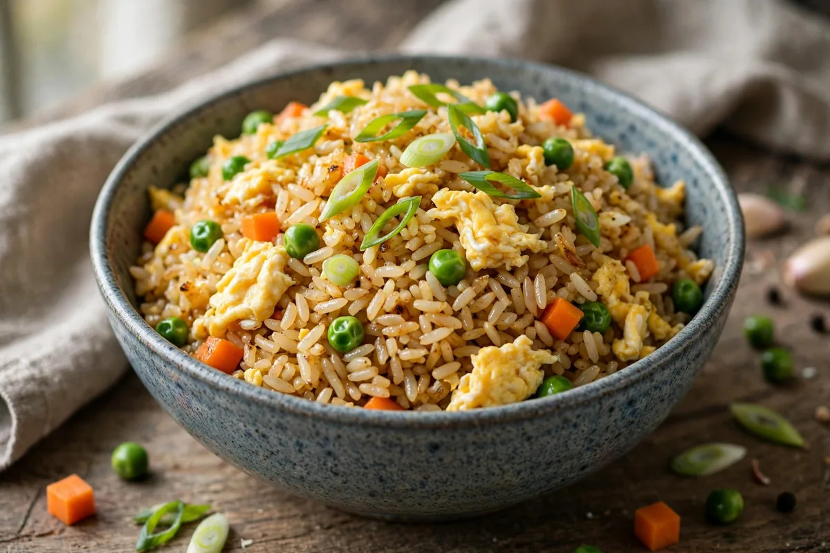 A bowl of Chinese egg fried rice with soft scrambled egg, peas, carrots, and sliced scallions, served in a ceramic bowl.