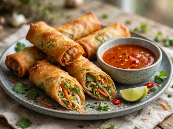 Crispy golden vegetable spring rolls on a plate with sweet chili dipping sauce.