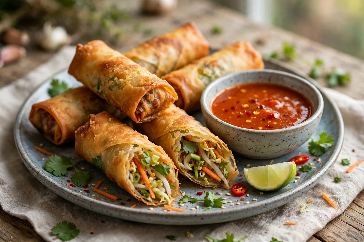 Crispy golden vegetable spring rolls on a plate with sweet chili dipping sauce.