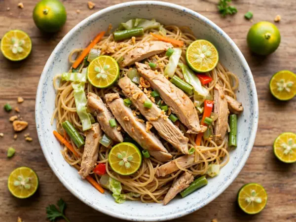 Filipino pancit bihon with thin rice noodles, sliced chicken, vegetables and calamansi in a bowl.