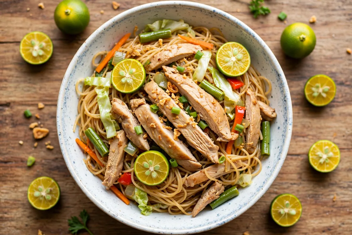 Filipino pancit bihon with thin rice noodles, sliced chicken, vegetables and calamansi in a bowl.