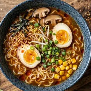 Homemade miso ramen with ramen noodles, halved soft egg, mushrooms, scallions and sesame in a bowl.