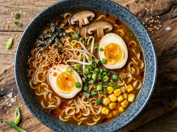 Homemade miso ramen with ramen noodles, halved soft egg, mushrooms, scallions and sesame in a bowl.