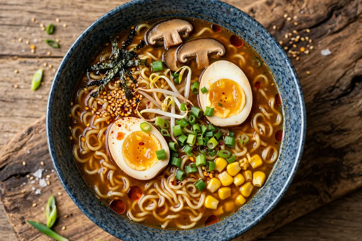 Homemade miso ramen with ramen noodles, halved soft egg, mushrooms, scallions and sesame in a bowl.