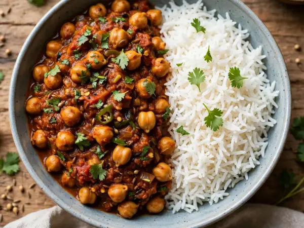 Indian chana masala with chickpeas in a spiced tomato sauce, garnished with coriander, served with basmati rice.