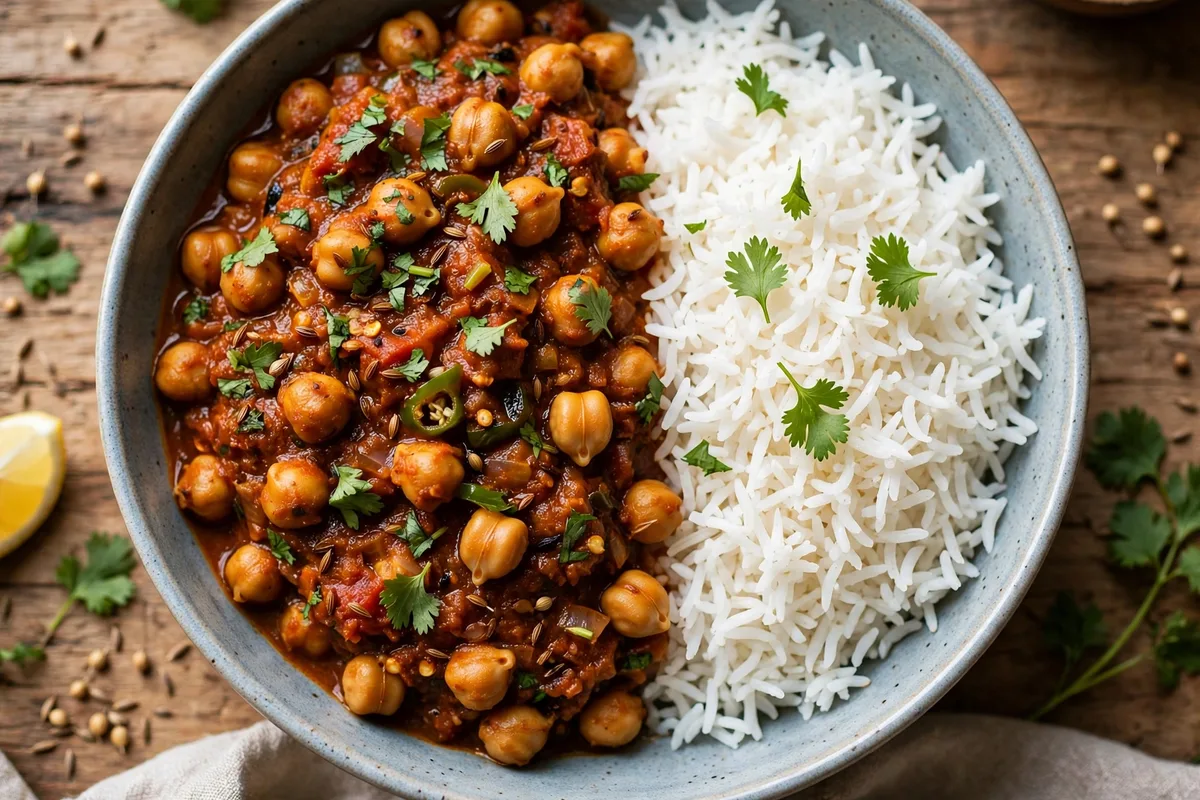 Indian chana masala with chickpeas in a spiced tomato sauce, garnished with coriander, served with basmati rice.