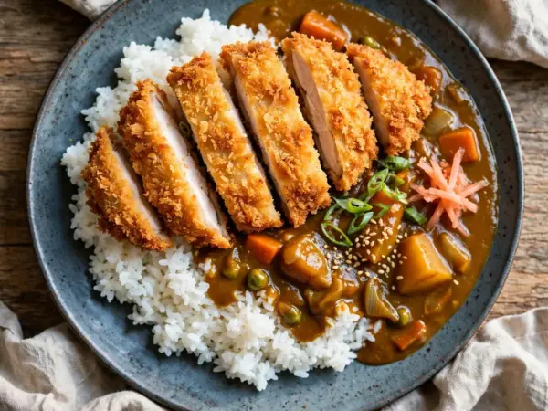 Japanese chicken katsu curry with sliced crispy panko chicken over steamed rice with curry sauce.