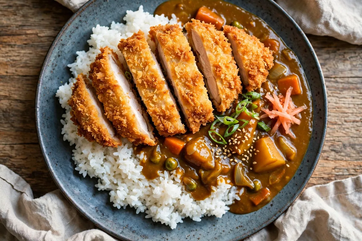 Japanese chicken katsu curry with sliced crispy panko chicken over steamed rice with curry sauce.