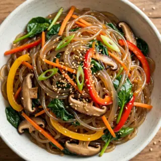 Japchae with glossy Korean glass noodles, vegetables, mushrooms, spinach and sesame seeds in a bowl.